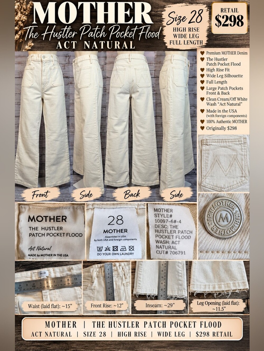 MOTHER Hustler Roller Fray High Rise Wide Leg Jeans 25 I Confess
